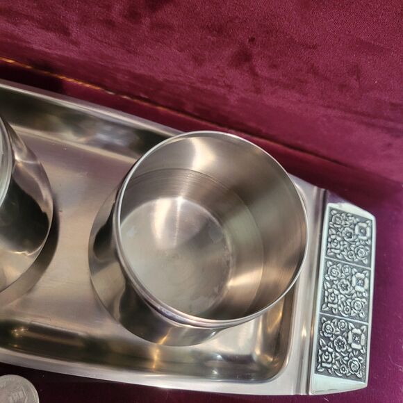 Vintage Stanley Roberts Stainless Steel Velvet Design Sugar & Creamer w/Tray MCM - Picture 8 of 16
